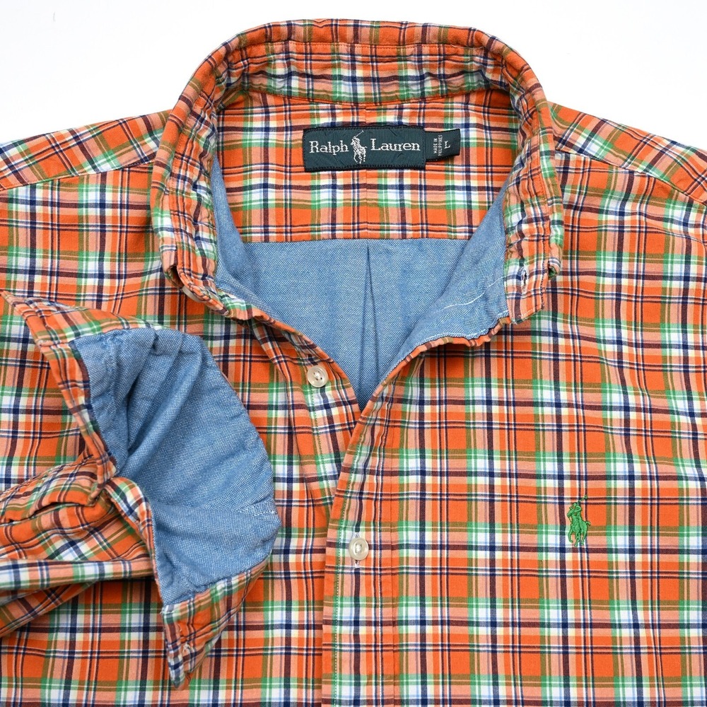 VTG Polo Ralph Lauren Men's Plaid Oxford Cloth Lined Shirt Outdoor Large‎ Preppy
